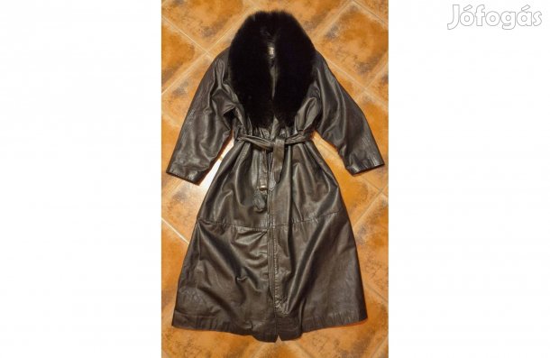Hosszú valódi női fekete bőrkabát valódi róka gallérral