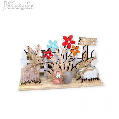 Húsvéti dekoráció nyuszik a kerítés előtt 25x5x15 cm