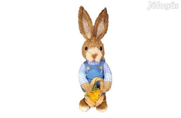 Húsvéti dekoráció természetes rost nyuszi kék overallban, répás kosá