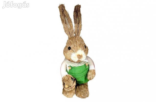 Húsvéti dekoráció természetes rost nyuszi zöld mellényben, tojásos k