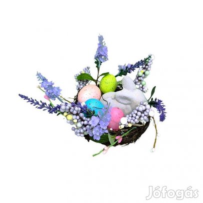 Húsvéti dísz kosárral természetes rost nyuszi színes tojásokkal, 13×