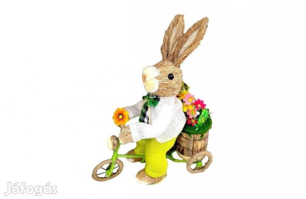 Húsvéti dísz természetes rost nyuszi biciklivel, 42 cm