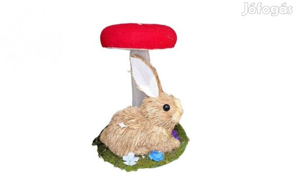 Húsvéti dísz természetes rost nyuszi gombával és virágokkal, 17,5×22