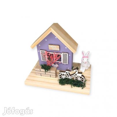Húsvéti fa ház dekoráció nyuszival 15x10x13cm