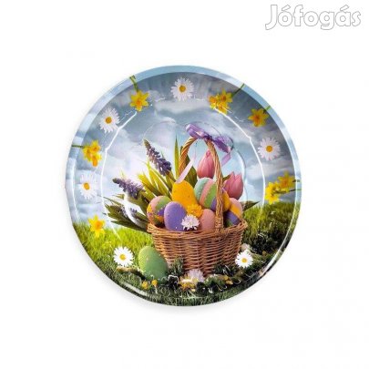 Húsvéti fém tálca kosár tojásokkal és tulipánnal 26 cm