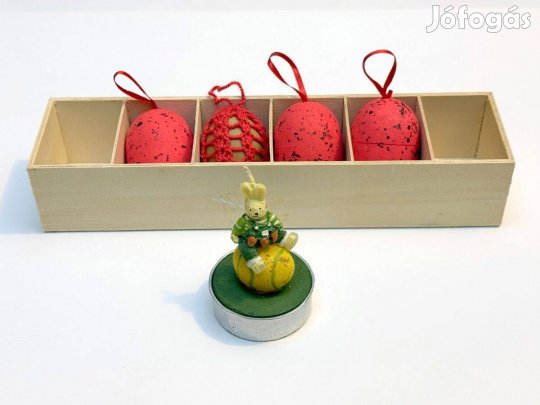 Húsvéti horgolt piros tojás nyuszi gyertya dekoráció fadobozban