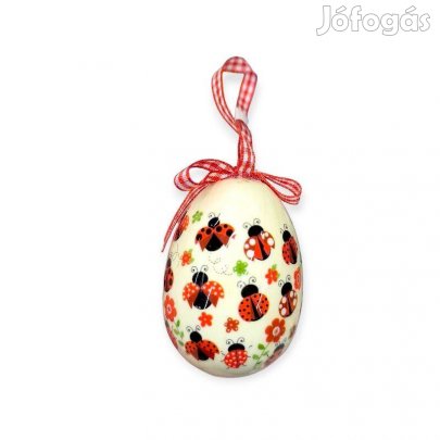 Húsvéti katicás dekorációs tojás piros szalagos, 7,5 cm