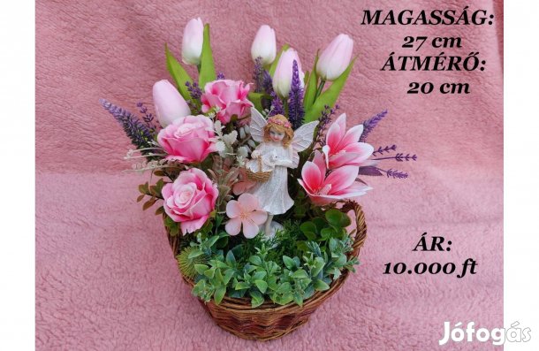 Húsvéti kosárdísz. Szép tündér figurával, kezében: cica kosárban