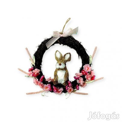 Húsvéti koszorú nyuszival és rózsaszín virágokkal 33 cm