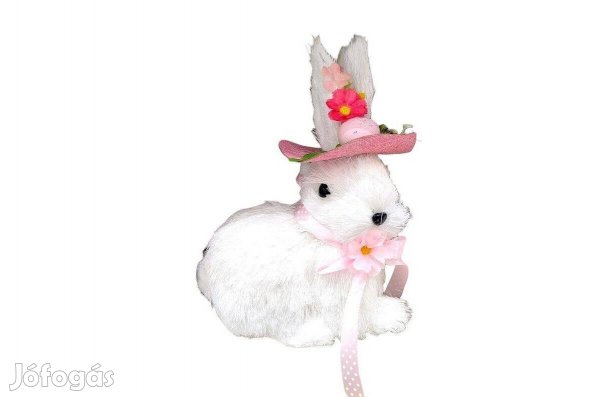 Húsvéti természetes rost figura fehér sapkás nyuszi rózsaszín virágo