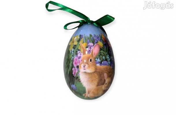 Húsvéti tojás dekoráció barna, nyuszis és virágos, zöld szalaggal, 1