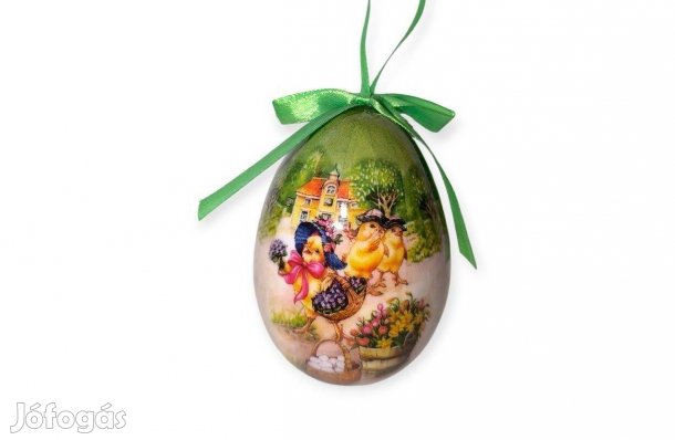 Húsvéti tojás dekoráció csirkés mintával, zöld szalaggal, 10 cm