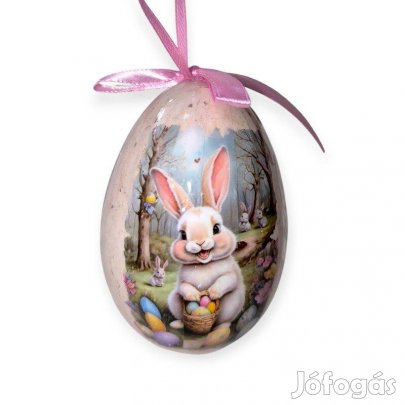 Húsvéti tojás dekoráció ekrü, nyuszis és színes tojás mintás, 10 cm