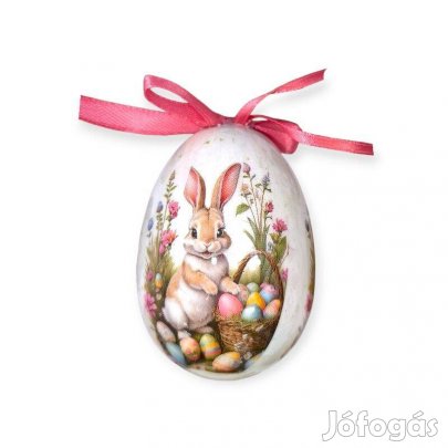 Húsvéti tojás dekoráció ekrü, nyuszis kosárral és tojással, 7,5 cm