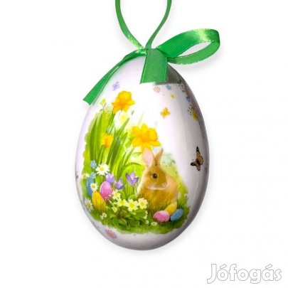 Húsvéti tojás dekoráció fehér, nyuszis virágmintával, 10 cm