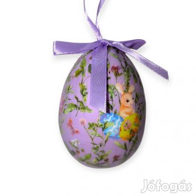 Húsvéti tojás dekoráció lila, nyuszis virágmintával, 10 cm