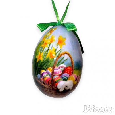 Húsvéti tojás dekoráció nárcisz mintával, nyuszival és zöld szalagga