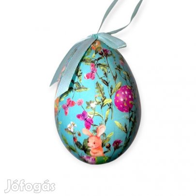 Húsvéti tojás dekoráció virágos, nyuszis, türkiz, 10 cm
