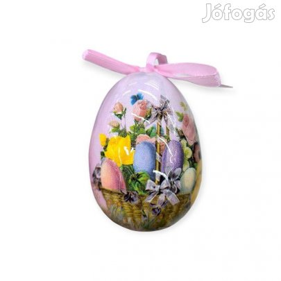 Húsvéti tojás kosármintás festett színes tojásokkal, rózsaszín szala