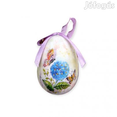 Húsvéti tojás pillangós-virágos dekoráció lila szalaggal, 7,5 cm
