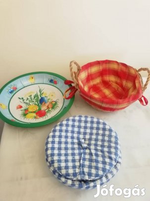 Húsvéti tojástartó fonott és egyedi textil kosár, fémtál csomag