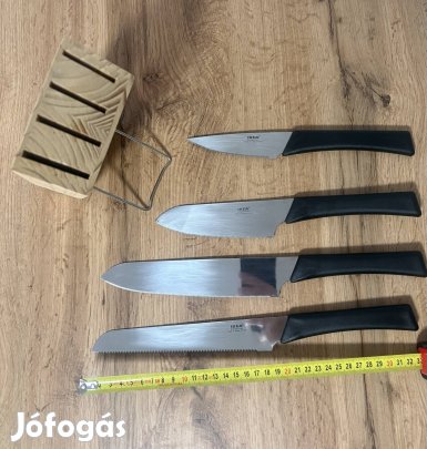 IKEA 4-es rozsdamentes acél késkészlet fa blokkal - újszerű