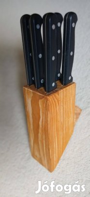 IKEA 6-es rozsdamentes konyhai acél késkészlet fa blokkal - új