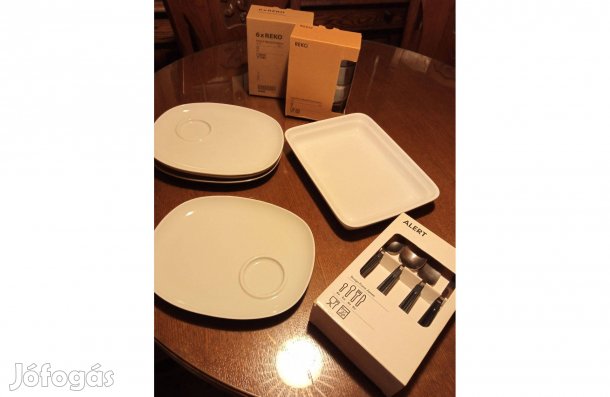 IKEA-s tányér, sütő-tálaló tál, evőeszköz, poharak