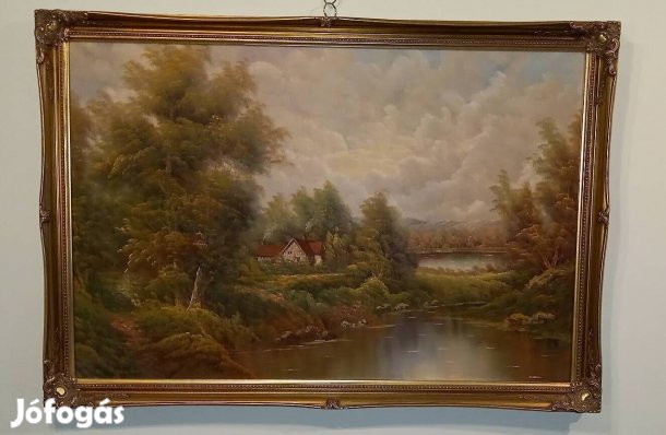 Idilli Vízparti Tájkép Olajfestmény Vásznon, Embáy-Kiss Lajos Festmény