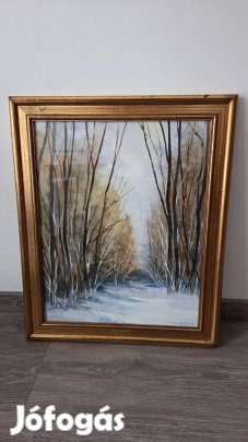 Ifj. Keleti Jenő festmény téli erdei hangulat, aranyozott keretben