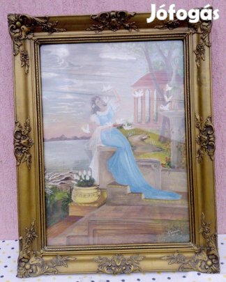 Ifjú hölgy galambokkal. Romantikus festmény Magyar festőművésztől. Üve