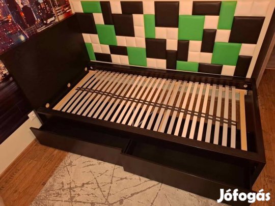 Iikea magas ágykeret 90 x 200 cm fekete + ágyrácsl + 2 db taroló