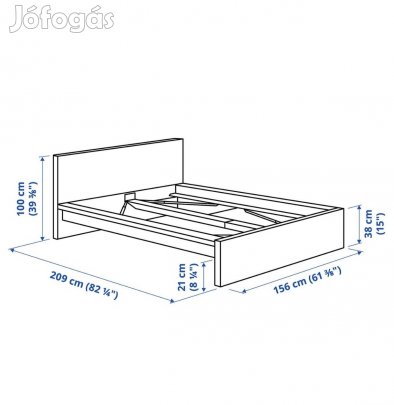 Ikea Malm, magas, fehérre pácolt tölgy furnér ágy, matraccal együtt