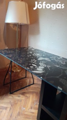 Ikea dolgozó asztalfekete virágmintás üveglapos 