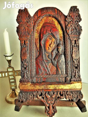 Ikon; faragott fa ikon; az Istenszülő Kazanyi ikonja; alacsony relief