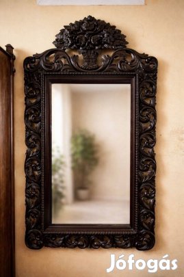 Impozáns nagyméretű antik barokk tükör, faragott fa, fazettált üveggel