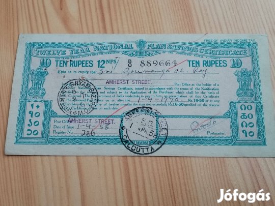 Indiai 10 rupiás Calkuttai 1958-as csekk