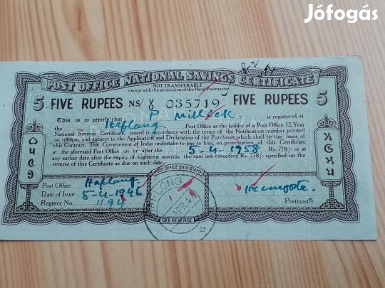 Indiai 5 rupiás 1958-as csekk