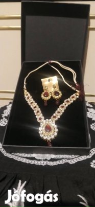 Indian jewelry set burgundy red flower gold plated stones and pearls