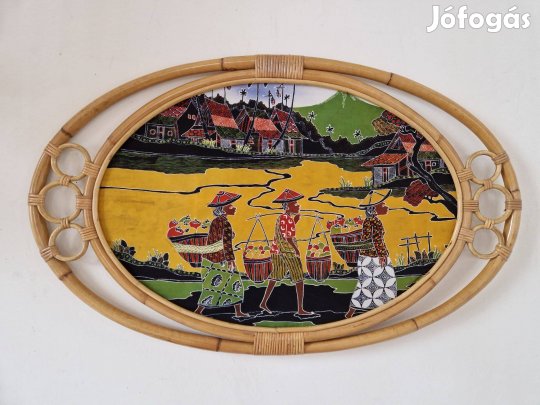 Indonéz batik vászonkép / festmény rattan keretben 106x63cm