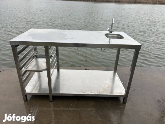 Inox polcos munka asztal mosogatóval