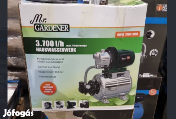 Inox tartállyal házi vízmű beépített nyomásmérővel, 650W-os hidrofor
