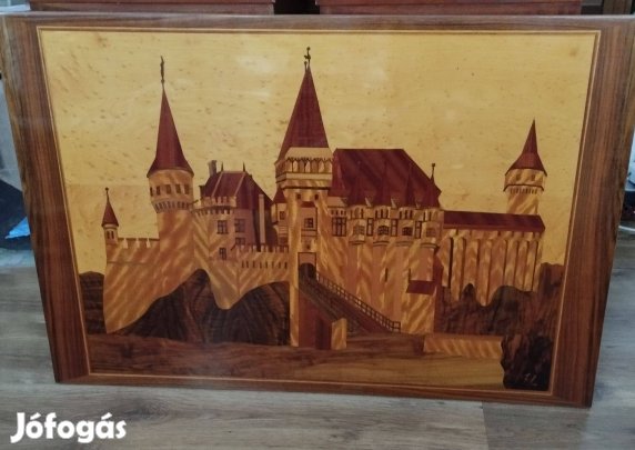 Intarzia fali fa kép, vár részlet, nagy méretű