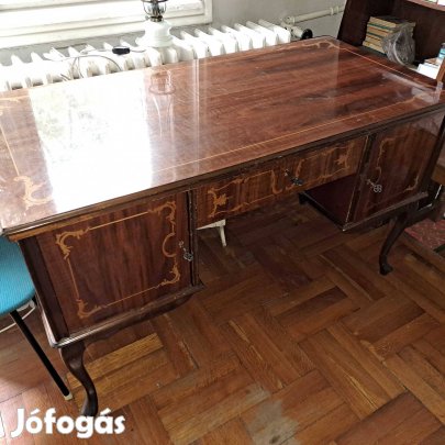 Intarziás neobarokk íróasztal, 6+1 fiókkal. Tökéletes állapotban!