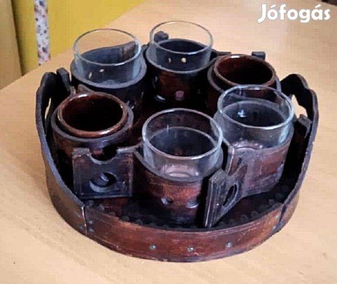 Iparművész bőrdszműves 6 db-os pohár készlet tálcával