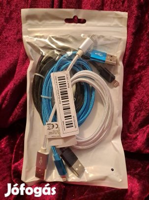 Iphone fonott töltőkábel, adatkábel, 3db., 1m., új
