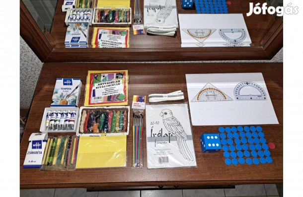 Iskolai rajz+geo csomag egyben (tempera, gyurma, szögmérők, korongok)