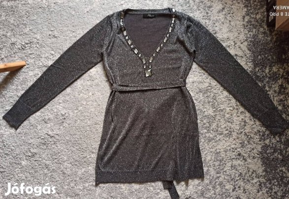 Jane Norman ezüstös szürke köves csillámos kötött tunika, miniruha