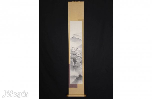 Japán kakejiku 'Sansui' tájkép vízeséssel és csónakossal (Showa-kor)