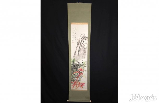 Japán kakejiku, hegyi táj virágokkal és költői felirattal (Showa kor)